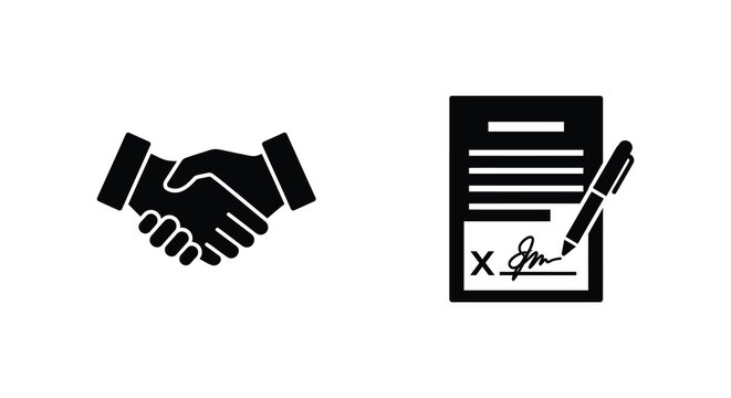 Black silhouettes of a handshake and signed document on a white background