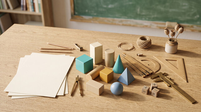 geometric shapes and educational tools on wooden desk in classroom
