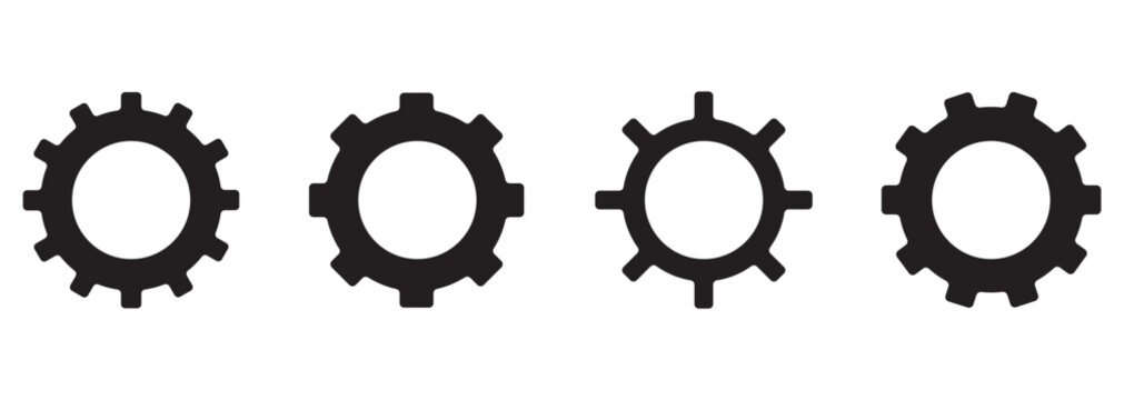 Minimalist gear icon vector set, black cogwheel mechanical symbols, simple machinery cog graphic elements