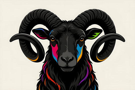 A Black ram head vector portrait with colorful rainbow horns, Aries zodiac mascot logo, isolated 
