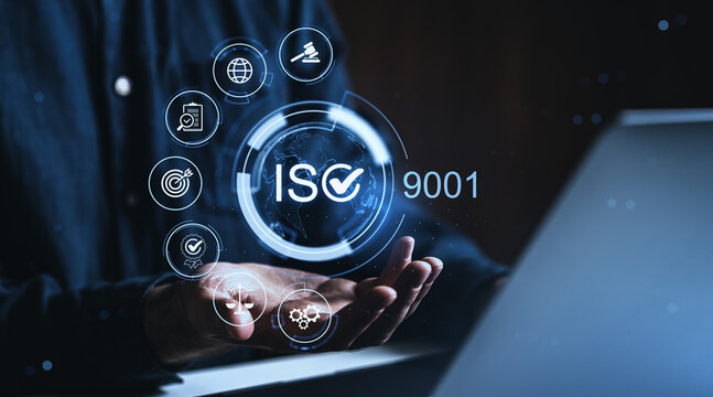 ISO 9001 quality management certification concept with digital compliance icons, business hand, global standards, and technology background.