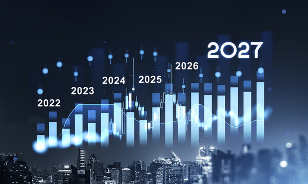 2027 Future Forecast with Rising Financial Bar Chart and City Skyline, Blue Digital Global Business Growth Concept for the New Year.