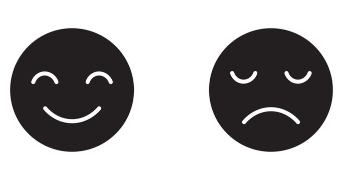 Minimalist happy and sad face emoji vector icon set, black circular smile and frown emotion symbols, customer feedback rating icons