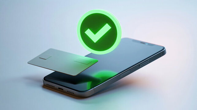 Minimalist digital payment scene with a smartphone and blank generic credit card on a clean bright surface, glowing green success icon above the phone indicating secure checkout completion, ecommerc