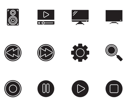 Minimalist media player vector icons set, black solid multimedia buttons set, video audio UI controls graphics for web design