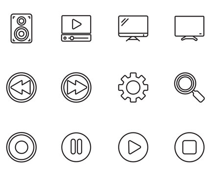 Minimalist multimedia line icon set, video player and audio controls vector symbols, black outline media interface elements for web design