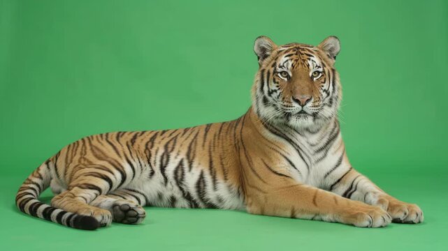 A beautiful Bengal tiger lies on a green screen background in a studio. This majestic wild animal looks calmly and confidently straight into the camera