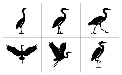 Fototapeta premium Heron silhouettes set with bird in flight, standing and walking poses for wildlife design