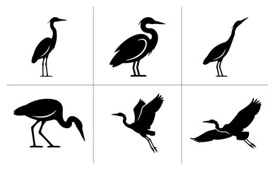 Fototapeta premium Heron silhouettes set with birds in various poses for nature logos and wildlife design