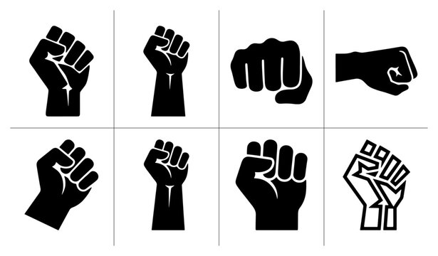 Fist silhouettes set with raised arms, protest and power symbols for logo or icon
