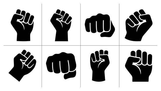 Fist silhouettes set with various gestures, symbols for power, protest and solidarity for logos and signage