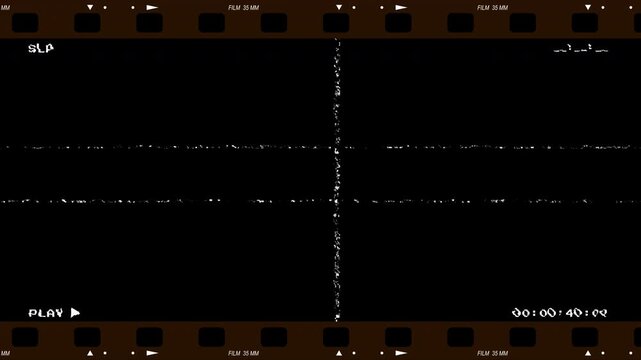Vintage film strip frame with VHS glitch effects and digital timecode on black background featuring analog defects and white noise artifacts for retro video editing