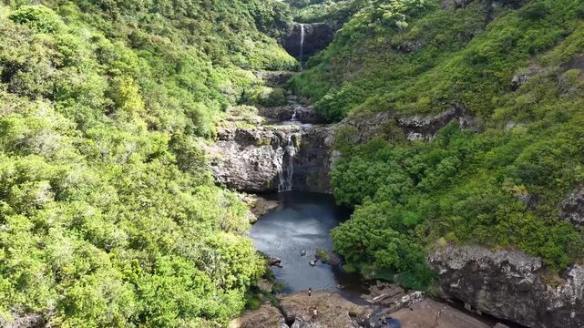 Drone flight up the Tamarind Falls gorge to a waterfall, Mauritius