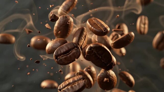 Roasted coffee beans flying in slow motion, aromatic brown coffee grains with hot steam swirls, dynamic cinematic footage for cafe advertising