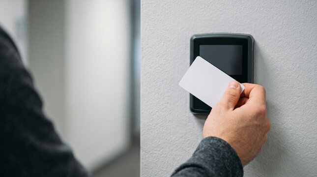Employee using access card to open door scanner system feeling focused and secure