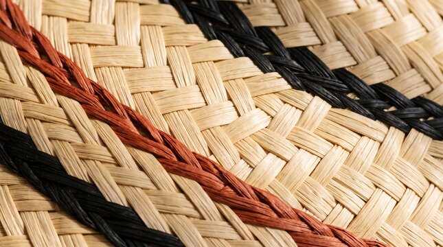 Close Up Texture of Natural Woven Raffia With Dyed Stripe Pattern