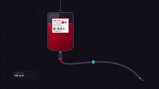2D Motion Graphics Animation of Blood Transfusion IV Bag with A+ Blood Type and Digital Flow Rate Monitor