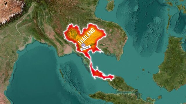 Detailed geographic map zoom highlighting Thailand and Chai Nat city