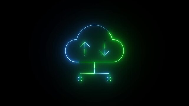 Animated cloud computing network icon with shifting blue and green neon colors a digital symbol showcasing data synchronization with changing