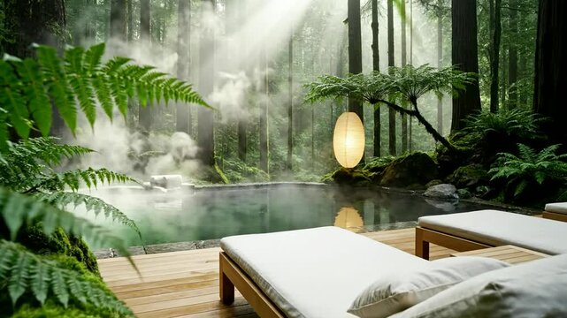 Steaming outdoor hot spring pool in a lush misty forest with sunbeams