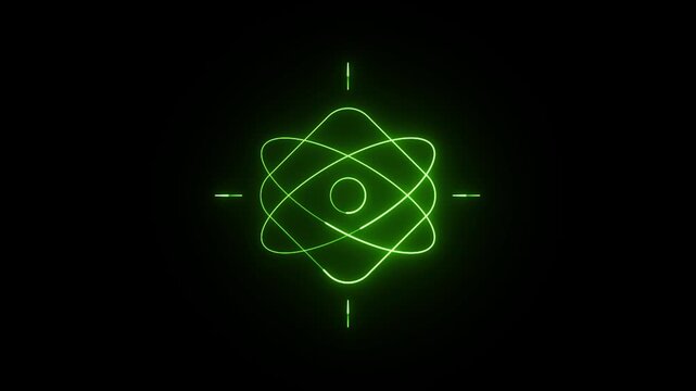 Neon green glowing atom model with orbital rings and central nucleus on dark background a digital visualization of an atomic structure