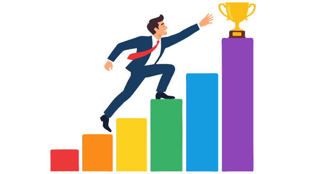 Motivated businessman in suit climbing steeply rising colorful bar graph stairs reaching for golden trophy success goal achievement - professional high resolution detailed commercial stock imagery