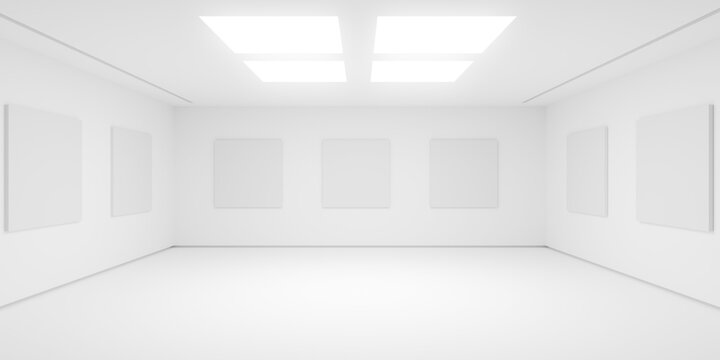 Modern empty minimal white room or gallery with square ceiling lights and image placeholders with copy space - clean, modern gallery interior background template