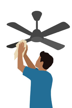 Young man reaching up wiping dust from modern ceiling fan blades using a soft cleaning microfiber cloth on an isolated white background in clean modern minimalist flat vector illustration style