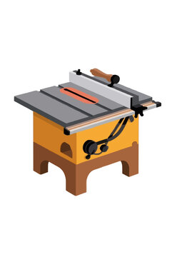 Woodworking stationary table saw machine tool with metal worktop and rip fence guide for cutting lumber timber on an isolated white background in clean flat vector illustration design style