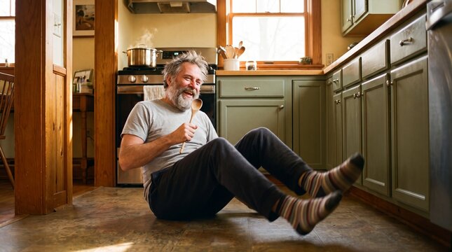 Man in Socks Dancing Alone in Kitchen While Cooking on Sunday Afternoon