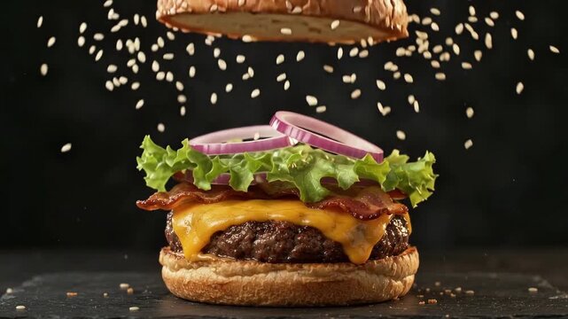 Gourmet cheeseburger assembly with floating sesame bun, flying seeds falling on juicy beef patty, cinematic fast food commercial shot