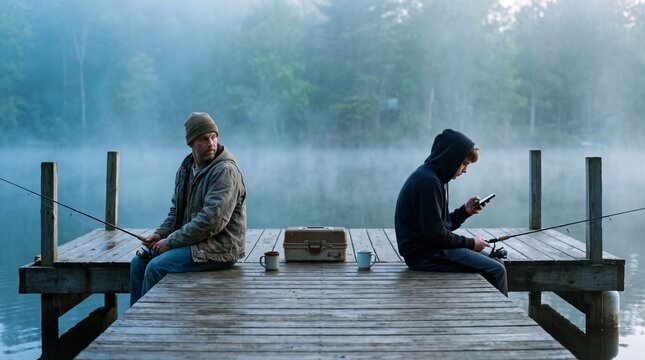 Stepfather and Teen Stepson on First Fishing Trip Sitting Apart on Dock