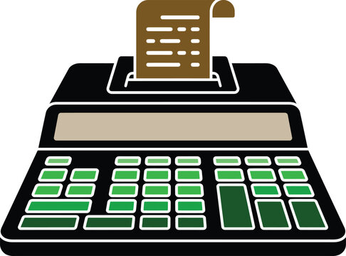 A vintage adding machine with paper receipt roll and green keypad buttons on white background