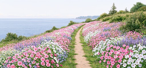 Fototapeta premium Coastal footpath edged with blooming meadow flowers leads toward the calm sea beneath a soft, overcast sky.