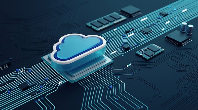 Cloud computing symbol resting on a high performance computer processor chip embedded in a complex motherboard with glowing blue circuit lines representing cloud data storage