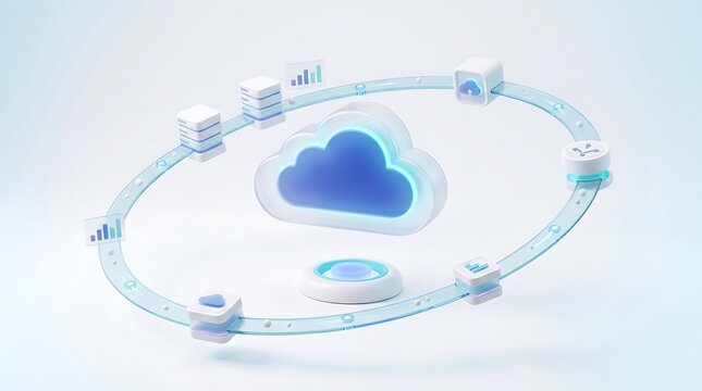 Abstract 3D render of cloud computing infrastructure featuring glowing blue data nodes connected by a circular digital network ring representing global information transfer and storage solutions