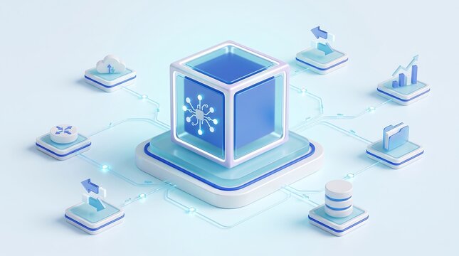 Digital cube with integrated processor chip icon connected to data nodes for high performance computing and server network architecture in a clean 3D isometric design concept