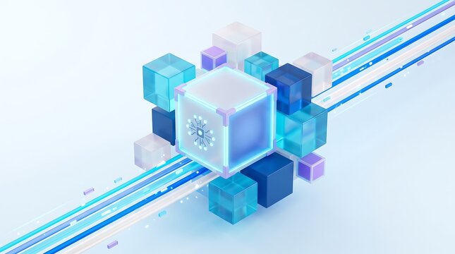 Artificial intelligence central processing unit block surrounded by floating glass cubes and data transmission lines in a 3d abstract render for futuristic computing and tech innovation