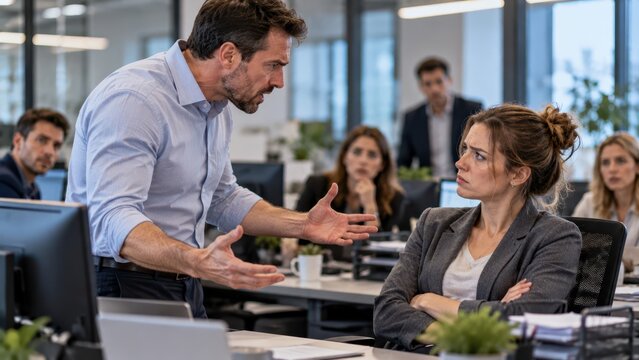Angry Male Coworker Arguing with Frustrated Female Colleague During Workplace Conflict in Modern Open Plan Office