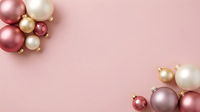 Pink and white christmas ball ornaments arranged on a soft pink background with empty space with white arranged two corners solid light pink surface
