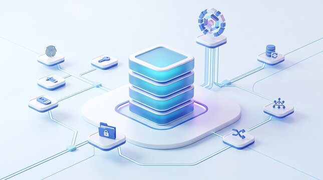 Central database server tower with interconnected security nodes and biometric authentication icons in 3d render for enterprise data management and information technology infrastructure