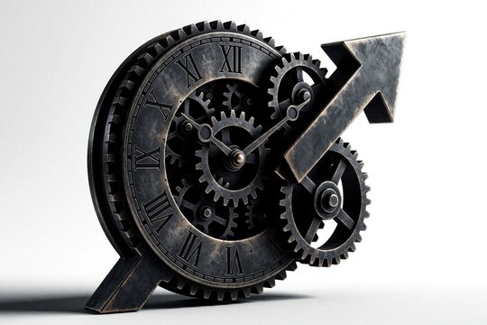 Metallic industrial clock with complex gears, rising arrow symbol. Mechanical watch mechanism shows business growth, progress, time management concept. Steel engineering object represents