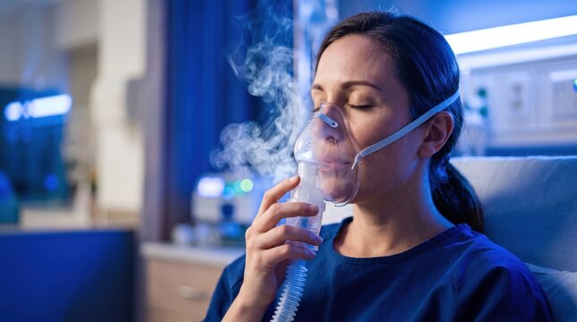 Antiviral medical measures and home healthcare scene. A woman uses a nebulizer mask to inhale medicated vapor for respiratory relief.
