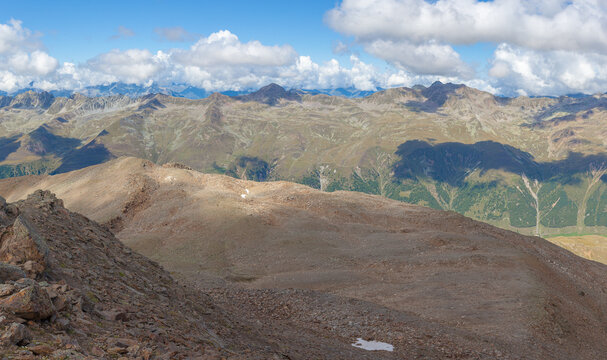 Boundless alpine panorama between Italy and Austria with glacial valleys and cirques, Vallelunga, Alto Adige Sudtirol, Italy