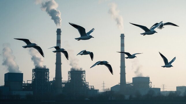 Group of seagulls fly in sky near industrial factory plant. Birds migrate over tall smokestacks with white smoke. Urban nature meets pollution, heavy industry in hazy atmosphere. Wildlife lives near