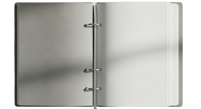 Minimalist open ring binder with blank pages, professional silver notebook mockup, clean white paper organizer for business planning
