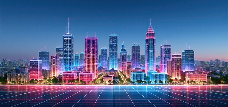 A vibrant night cityscape showcasing neon-lit smart city technology and advanced digital connectivity.