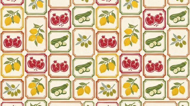 Vintage botanical food tile pattern with lemons pomegranates olives and zucchini