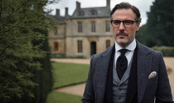 RITRATTO DI UN UOMO SOFISTICATO IN ABITO CLASSICO A TRE PEZZI DI TWEED DAVANTI A UNA TENUTA STORICA INGLESE