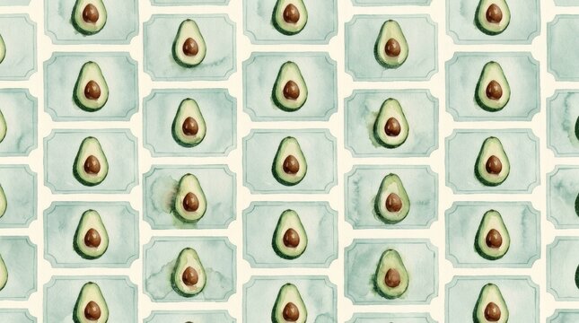 Watercolor avocado pattern background with green labels and food theme